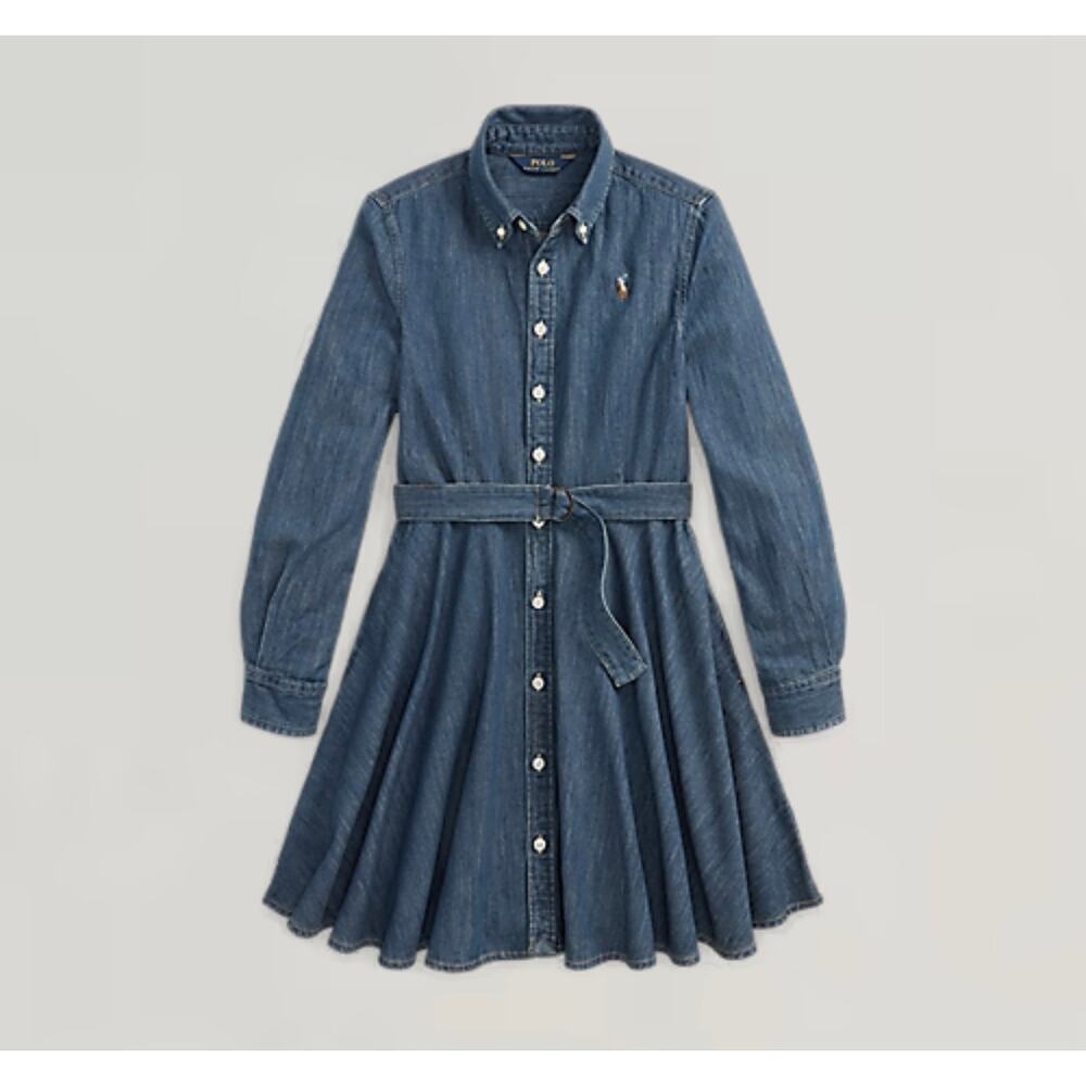 Polo Ralph Lauren Belted Denim Shirt Dress Long Sleeve Logo Girls Size 10